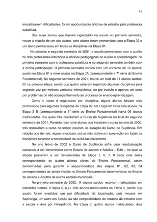 81



encontrassem dificuldades, foram oportunizadas oficinas de estudos pela professora
substituta.
       Dos nove alunos que haviam ingressado na escola no primeiro semestre,
houve a evasão de um dos alunos, sete alunos foram promovidos para a Etapa 02 e
um aluno permaneceu em todas as disciplinas na Etapa 01.
      No primeiro e segundo semestre de 2001, a escola permaneceu com o auxílio
de dois professores-referência e oficinas pedagógicas de auxílio à aprendizagem, no
primeiro semestre com a professora substituta e no segundo semestre também com
a minha participação. O primeiro semestre contou com um universo de 13 alunos:
quatro na Etapa 01 e nove alunos na Etapa 3A (correspondente a 7ª série do Ensino
Fundamental). No segundo semestre de 2001, houve um total de 14 alunos surdos:
05 na primeira etapa, sendo que quatro estavam repetindo algumas disciplinas pela
segunda vez por motivos variados: infreqüência, ou por evasão e apenas um caso
por problemas de não acompanhamento ao processo de ensino-aprendizagem.
       Como o curso é organizado por disciplina, alguns alunos haviam sido
promovidos para algumas disciplinas da Etapa 02. Na Etapa 02 havia três alunos; na
Etapa 3 B (correspondente a 8a série do Ensino Fundamental) havia 06 alunos
matriculados dos quais três concluíram o Curso de Suplência no final do segundo
semestre de 2001. Portanto, dos nove alunos que iniciaram o curso no ano de 2000,
três concluíram o curso no tempo previsto de duração do Curso de Suplência. Em
relação aos demais, alguns evadiram, outros não obtiveram aprovação em todas as
disciplinas havendo a necessidade de cursá-las novamente.
       No ano letivo de 2002 o Curso de Suplência sofre uma reestruturação
passando a ser denominado como Ensino de Jovens e Adultos – EJA – no qual as
etapas passaram a ser denominadas de Etapa 5, 6, 7, 8 cada uma delas
correspondendo as     quatro últimas séries do Ensino Fundamental, assim
denominadas para garantir a seqüencialidade das etapas 01, 02, 03, 04
correspondentes às séries iniciais no Ensino Fundamental desenvolvidas no Ensino
de Jovens e Adultos de outras escolas municipais.
       No primeiro semestre de 2002, l4 alunos surdos estavam matriculados em
diferentes turmas. (Etapas 5, 6,7). Oito alunos matriculados na Etapa 5, sendo que
quatro foram evadidos: um por dificuldade de locomoção, pois morava em
Sapiranga, um outro em função da não compatibilidade de horários de trabalho com
a escola e dois por infreqüência. Na Etapa 6, quatro alunos matriculados: dois
 