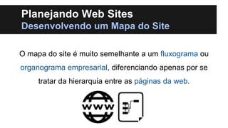 Planejando Web Sites
Desenvolvendo um Mapa do Site
O mapa do site é muito semelhante a um fluxograma ou

organograma empresarial, diferenciando apenas por se
tratar da hierarquia entre as páginas da web.

 