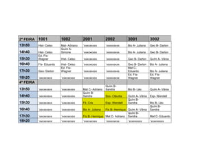 2ª FEIRA 1001 1002 2001 2002 3001 3002
13h50 Hist- Celso Mat- Adriano ´xxxxxxxxx ´xxxxxxxxx Bio A- Juliana Geo B- Darlon
14h40 Hist- Celso
Quím A-
Simone ´xxxxxxxxx ´xxxxxxxxx Bio A- Juliana Geo B- Darlon
15h30
Ed. Fís-
Wagner Hist- Celso ´xxxxxxxxx ´xxxxxxxxx Geo B- Darlon Quím A- Vânia
16h40 Fís- Eduardo Hist- Celso ´xxxxxxxxx ´xxxxxxxxx Geo B- Darlon Bio A- Juliana
17h30 Geo- Darlon
Ed. Fís-
Wagner ´xxxxxxxxx ´xxxxxxxxx
Mat C-
Eduardo Bio A- Juliana
18h20 ´xxxxxxxxx ´xxxxxxxxx ´xxxxxxxxx ´xxxxxxxxx
Ed. Fís-
Wagner
Ed. Fís-
Wagner
4ª FEIRA
13h50 ´xxxxxxxxx ´xxxxxxxxx Mat C- Adriano
Quím B-
Sandra Bio B- Léo Quím A- Vânia
14h40 ´xxxxxxxxx ´xxxxxxxxx
Quím B-
Sandra Soc- Cláudia Quím A- Vânia Esp- Wendell
15h30 ´xxxxxxxxx ´xxxxxxxxx Fil- Cris Esp- Wendell
Quím B-
Sandra Bio B- Léo
16h40 ´xxxxxxxxx ´xxxxxxxxx Bio A- Juliana Fís B- Henrique Quím A- Vânia
Quím B-
Sandra
17h30 ´xxxxxxxxx ´xxxxxxxxx Fís B- Henrique Mat C- Adriano
Quím B-
Sandra Mat C- Eduardo
18h20 ´xxxxxxxxx ´xxxxxxxxx ´xxxxxxxxx ´xxxxxxxxx ´xxxxxxxxx ´xxxxxxxxx
 
