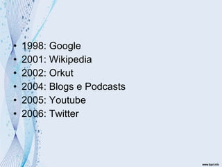 1998: Google 2001: Wikipedia 2002: Orkut  2004: Blogs e Podcasts 2005: Youtube 2006: Twitter 