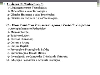 I – Áreas de Conhecimento 1- Linguagens e suas Tecnologias; 2- Matemática e suas Tecnologias; 3- Ciências Humanas e suas Tecnologias; 4- Ciências da Natureza e suas Tecnologias. II – Eixos Temáticos Transversais para a Parte Diversificada 1- Acompanhamento Pedagógico; 2- Meio Ambiente; 3- Esporte e Lazer; 4- Direitos Humanos; 5- Cultura e Artes; 6- Cultura Digital; 7- Prevenção e Promoção da Saúde; 8- Comunicação e Uso de Mídias; 9- Investigação no Campo das Ciências da Natureza; 10- Educação Econômica e Áreas da Produção.   