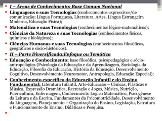  I – Áreas de Conhecimento: Base Comum Nacional
 Linguagens e suas Tecnologias (conhecimentos expressivos/de
  comunicação; Língua Portuguesa, Literatura, Artes, Língua Estrangeira
  Moderna, Educação Física);
 Matemática e suas Tecnologias (conhecimentos lógico-matemáticos);
 Ciências da Natureza e suas Tecnologias (conhecimentos físicos,
  químicos e biológicos);
 Ciências Humanas e suas Tecnologias (conhecimentos filosóficos,
  geográficos e sócio-históricos).
 II – Parte Diversificada:Enfoque ou Temática
 Educação e Conhecimento: base filosófica, psicopedagógica e sócio-
                Conhecimento
  antropológica (Psicologia da Educação e da Aprendizagem, Sociologia da
  Educação, Filosofia da Educação, História da Educação, Desenvolvimento
  Cognitivo, Desenvolvimento Neuromotor, Antropologia, Educação Especial);
 Conhecimento específico da Educação Infantil e do Ensino
  Fundamental: Literatura Infantil, Arte-Educação – Cênicas, Plásticas e
  Música, Expressão Dramática, Recreação e Jogos, Música, Nutrição,
  Puericultura, Enfermagem, Conhecimento Lógico Matemático, Psicogênese
  da Leitura e da Escrita, Fundamentos da Psicomotricidade, Desenvolvimento
  da Linguagem, Planejamento – Organização do Ensino, Legislação, Estrutura
  e Funcionamento do Ensino, Didáticas e Pesquisa.

 