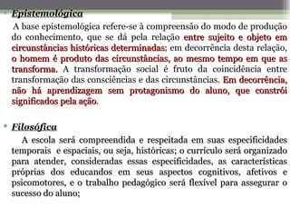  Epistemológica
   A base epistemológica refere-se à compreensão do modo de produção
  do conhecimento, que se dá pela relação entre sujeito e objeto em
  circunstâncias históricas determinadas; em decorrência desta relação,
                            determinadas
  o homem é produto das circunstâncias, ao mesmo tempo em que as
  transforma. A transformação social é fruto da coincidência entre
  transformação das consciências e das circunstâncias. Em decorrência,
  não há aprendizagem sem protagonismo do aluno, que constrói
  significados pela ação.
                    ação

 Filosófica
     A escola será compreendida e respeitada em suas especificidades
  temporais e espaciais, ou seja, históricas; o currículo será organizado
  para atender, consideradas essas especificidades, as características
  próprias dos educandos em seus aspectos cognitivos, afetivos e
  psicomotores, e o trabalho pedagógico será flexível para assegurar o
  sucesso do aluno;
 