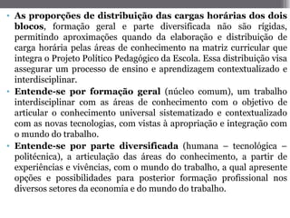 • As proporções de distribuição das cargas horárias dos dois
  blocos, formação geral e parte diversificada não são rígidas,
  permitindo aproximações quando da elaboração e distribuição de
  carga horária pelas áreas de conhecimento na matriz curricular que
  integra o Projeto Político Pedagógico da Escola. Essa distribuição visa
  assegurar um processo de ensino e aprendizagem contextualizado e
  interdisciplinar.
• Entende-se por formação geral (núcleo comum), um trabalho
  interdisciplinar com as áreas de conhecimento com o objetivo de
  articular o conhecimento universal sistematizado e contextualizado
  com as novas tecnologias, com vistas à apropriação e integração com
  o mundo do trabalho.
• Entende-se por parte diversificada (humana – tecnológica –
  politécnica), a articulação das áreas do conhecimento, a partir de
  experiências e vivências, com o mundo do trabalho, a qual apresente
  opções e possibilidades para posterior formação profissional nos
  diversos setores da economia e do mundo do trabalho.
 