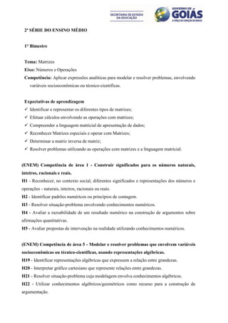 2ª SÉRIE DO ENSINO MÉDIO


 1° Bimestre


 Tema: Matrizes
 Eixo: Números e Operações
 Competência: Aplicar expressões analíticas para modelar e resolver problemas, envolvendo
    variáveis socioeconômicas ou técnico-científicas.


 Expectativas de aprendizagem
  Identificar e representar os diferentes tipos de matrizes;
  Efetuar cálculos envolvendo as operações com matrizes;
  Compreender a linguagem matricial de apresentação de dados;
  Reconhecer Matrizes especiais e operar com Matrizes;
  Determinar a matriz inversa de matriz;
  Resolver problemas utilizando as operações com matrizes e a linguagem matricial.


(ENEM) Competência de área 1 - Construir significados para os números naturais,
inteiros, racionais e reais.
H1 - Reconhecer, no contexto social, diferentes significados e representações dos números e
operações - naturais, inteiros, racionais ou reais.
H2 - Identificar padrões numéricos ou princípios de contagem.
H3 - Resolver situação-problema envolvendo conhecimentos numéricos.
H4 - Avaliar a razoabilidade de um resultado numérico na construção de argumentos sobre
afirmações quantitativas.
H5 - Avaliar propostas de intervenção na realidade utilizando conhecimentos numéricos.


(ENEM) Competência de área 5 - Modelar e resolver problemas que envolvem variáveis
socioeconômicas ou técnico-científicas, usando representações algébricas.
H19 - Identificar representações algébricas que expressem a relação entre grandezas.
H20 - Interpretar gráfico cartesiano que represente relações entre grandezas.
H21 - Resolver situação-problema cuja modelagem envolva conhecimentos algébricos.
H22 - Utilizar conhecimentos algébricos/geométricos como recurso para a construção de
argumentação.
 