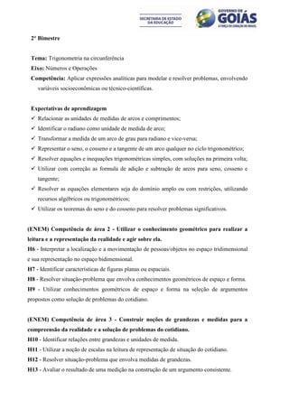 2° Bimestre


 Tema: Trigonometria na circunferência
 Eixo: Números e Operações
 Competência: Aplicar expressões analíticas para modelar e resolver problemas, envolvendo
    variáveis socioeconômicas ou técnico-científicas.


 Expectativas de aprendizagem
  Relacionar as unidades de medidas de arcos e comprimentos;
  Identificar o radiano como unidade de medida de arco;
  Transformar a medida de um arco de grau para radiano e vice-versa;
  Representar o seno, o cosseno e a tangente de um arco qualquer no ciclo trigonométrico;
  Resolver equações e inequações trigonométricas simples, com soluções na primeira volta;
  Utilizar com correção as formula de adição e subtração de arcos para seno, cosseno e
    tangente;
  Resolver as equações elementares seja do domínio amplo ou com restrições, utilizando
    recursos algébricos ou trigonométricos;
  Utilizar os teoremas do seno e do cosseno para resolver problemas significativos.


(ENEM) Competência de área 2 - Utilizar o conhecimento geométrico para realizar a
leitura e a representação da realidade e agir sobre ela.
H6 - Interpretar a localização e a movimentação de pessoas/objetos no espaço tridimensional
e sua representação no espaço bidimensional.
H7 - Identificar características de figuras planas ou espaciais.
H8 - Resolver situação-problema que envolva conhecimentos geométricos de espaço e forma.
H9 - Utilizar conhecimentos geométricos de espaço e forma na seleção de argumentos
propostos como solução de problemas do cotidiano.


(ENEM) Competência de área 3 - Construir noções de grandezas e medidas para a
compreensão da realidade e a solução de problemas do cotidiano.
H10 - Identificar relações entre grandezas e unidades de medida.
H11 - Utilizar a noção de escalas na leitura de representação de situação do cotidiano.
H12 - Resolver situação-problema que envolva medidas de grandezas.
H13 - Avaliar o resultado de uma medição na construção de um argumento consistente.
 