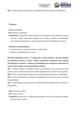H23 - Avaliar propostas de intervenção na realidade utilizando conhecimentos algébricos.




 3° Bimestre


 Tema: Probabilidade
 Eixo: Números e Operações
 Competência: Compreender o caráter aleatório e não determinístico dos fenômenos naturais
    e sociais, e utilizar instrumentos adequados para medidas e cálculos de probabilidade,
    para interpretar informações de variáveis apresentadas em uma distribuição estatística.


 Expectativas de aprendizagem
  Conceituar evento e espaço amostral de um experimento;
  Calcular a probabilidade de um evento.


(ENEM) Competência de área 7 - Compreender o caráter aleatório e não determinístico
dos fenômenos naturais e sociais e utilizar instrumentos adequados para medidas,
determinação de amostras e cálculos de probabilidade para interpretar informações de
variáveis apresentadas em uma distribuição estatística.
H27 - Calcular medidas de tendência central ou de dispersão de um conjunto de dados
expressos em uma tabela de frequências de dados agrupados (não em classes) ou em gráficos.
H28 - Resolver situação-problema que envolva conhecimentos de estatística e probabilidade.
H29 - Utilizar conhecimentos de estatística e probabilidade como recurso para a construção
de argumentação.
H30 - Avaliar propostas de intervenção na realidade utilizando conhecimentos de estatística e
probabilidade.


 Tema: Geometria espacial
 Eixo: Espaço e Forma
 Competência: Desenvolver o conhecimento geométrico, através da visualização, medição,
    aplicação teórica e prática.
 