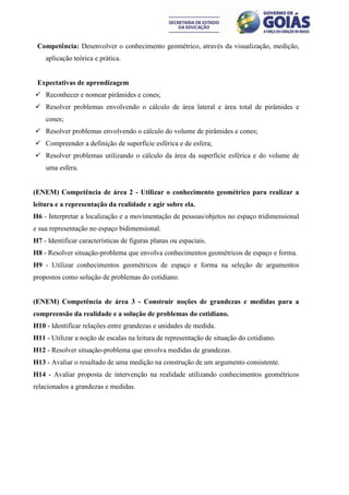 Competência: Desenvolver o conhecimento geométrico, através da visualização, medição,
    aplicação teórica e prática.


 Expectativas de aprendizagem
 Reconhecer e nomear pirâmides e cones;
 Resolver problemas envolvendo o cálculo de área lateral e área total de pirâmides e
    cones;
 Resolver problemas envolvendo o cálculo do volume de pirâmides e cones;
 Compreender a definição de superfície esférica e de esfera;
 Resolver problemas utilizando o cálculo da área da superfície esférica e do volume de
    uma esfera.


(ENEM) Competência de área 2 - Utilizar o conhecimento geométrico para realizar a
leitura e a representação da realidade e agir sobre ela.
H6 - Interpretar a localização e a movimentação de pessoas/objetos no espaço tridimensional
e sua representação no espaço bidimensional.
H7 - Identificar características de figuras planas ou espaciais.
H8 - Resolver situação-problema que envolva conhecimentos geométricos de espaço e forma.
H9 - Utilizar conhecimentos geométricos de espaço e forma na seleção de argumentos
propostos como solução de problemas do cotidiano.


(ENEM) Competência de área 3 - Construir noções de grandezas e medidas para a
compreensão da realidade e a solução de problemas do cotidiano.
H10 - Identificar relações entre grandezas e unidades de medida.
H11 - Utilizar a noção de escalas na leitura de representação de situação do cotidiano.
H12 - Resolver situação-problema que envolva medidas de grandezas.
H13 - Avaliar o resultado de uma medição na construção de um argumento consistente.
H14 - Avaliar proposta de intervenção na realidade utilizando conhecimentos geométricos
relacionados a grandezas e medidas.
 
