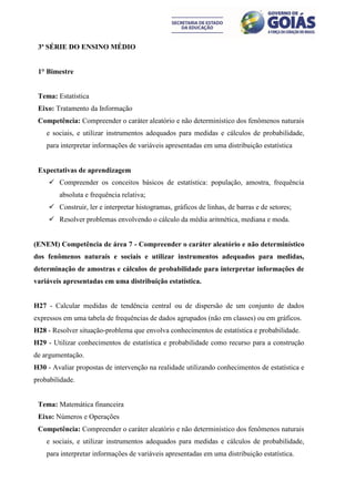 3ª SÉRIE DO ENSINO MÉDIO


 1° Bimestre


 Tema: Estatística
 Eixo: Tratamento da Informação
 Competência: Compreender o caráter aleatório e não determinístico dos fenômenos naturais
    e sociais, e utilizar instrumentos adequados para medidas e cálculos de probabilidade,
    para interpretar informações de variáveis apresentadas em uma distribuição estatística


 Expectativas de aprendizagem
      Compreender os conceitos básicos de estatística: população, amostra, frequência
        absoluta e frequência relativa;
      Construir, ler e interpretar histogramas, gráficos de linhas, de barras e de setores;
      Resolver problemas envolvendo o cálculo da média aritmética, mediana e moda.


(ENEM) Competência de área 7 - Compreender o caráter aleatório e não determinístico
dos fenômenos naturais e sociais e utilizar instrumentos adequados para medidas,
determinação de amostras e cálculos de probabilidade para interpretar informações de
variáveis apresentadas em uma distribuição estatística.


H27 - Calcular medidas de tendência central ou de dispersão de um conjunto de dados
expressos em uma tabela de frequências de dados agrupados (não em classes) ou em gráficos.
H28 - Resolver situação-problema que envolva conhecimentos de estatística e probabilidade.
H29 - Utilizar conhecimentos de estatística e probabilidade como recurso para a construção
de argumentação.
H30 - Avaliar propostas de intervenção na realidade utilizando conhecimentos de estatística e
probabilidade.


 Tema: Matemática financeira
 Eixo: Números e Operações
 Competência: Compreender o caráter aleatório e não determinístico dos fenômenos naturais
    e sociais, e utilizar instrumentos adequados para medidas e cálculos de probabilidade,
    para interpretar informações de variáveis apresentadas em uma distribuição estatística.
 