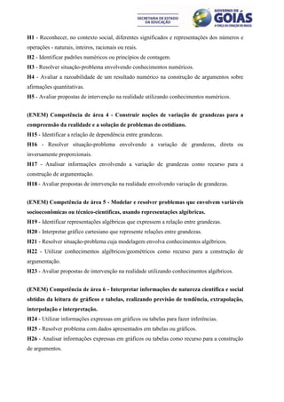 H1 - Reconhecer, no contexto social, diferentes significados e representações dos números e
operações - naturais, inteiros, racionais ou reais.
H2 - Identificar padrões numéricos ou princípios de contagem.
H3 - Resolver situação-problema envolvendo conhecimentos numéricos.
H4 - Avaliar a razoabilidade de um resultado numérico na construção de argumentos sobre
afirmações quantitativas.
H5 - Avaliar propostas de intervenção na realidade utilizando conhecimentos numéricos.


(ENEM) Competência de área 4 - Construir noções de variação de grandezas para a
compreensão da realidade e a solução de problemas do cotidiano.
H15 - Identificar a relação de dependência entre grandezas.
H16 - Resolver situação-problema envolvendo a variação de grandezas, direta ou
inversamente proporcionais.
H17 - Analisar informações envolvendo a variação de grandezas como recurso para a
construção de argumentação.
H18 - Avaliar propostas de intervenção na realidade envolvendo variação de grandezas.


(ENEM) Competência de área 5 - Modelar e resolver problemas que envolvem variáveis
socioeconômicas ou técnico-científicas, usando representações algébricas.
H19 - Identificar representações algébricas que expressem a relação entre grandezas.
H20 - Interpretar gráfico cartesiano que represente relações entre grandezas.
H21 - Resolver situação-problema cuja modelagem envolva conhecimentos algébricos.
H22 - Utilizar conhecimentos algébricos/geométricos como recurso para a construção de
argumentação.
H23 - Avaliar propostas de intervenção na realidade utilizando conhecimentos algébricos.


(ENEM) Competência de área 6 - Interpretar informações de natureza científica e social
obtidas da leitura de gráficos e tabelas, realizando previsão de tendência, extrapolação,
interpolação e interpretação.
H24 - Utilizar informações expressas em gráficos ou tabelas para fazer inferências.
H25 - Resolver problema com dados apresentados em tabelas ou gráficos.
H26 - Analisar informações expressas em gráficos ou tabelas como recurso para a construção
de argumentos.
 