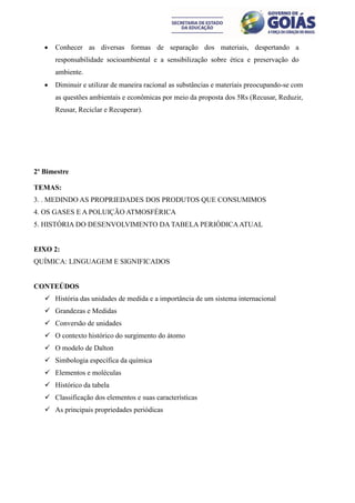    Conhecer as diversas formas de separação dos materiais, despertando a
       responsabilidade socioambiental e a sensibilização sobre ética e preservação do
       ambiente.
      Diminuir e utilizar de maneira racional as substâncias e materiais preocupando-se com
       as questões ambientais e econômicas por meio da proposta dos 5Rs (Recusar, Reduzir,
       Reusar, Reciclar e Recuperar).




2º Bimestre

TEMAS:
3. . MEDINDO AS PROPRIEDADES DOS PRODUTOS QUE CONSUMIMOS
4. OS GASES E A POLUIÇÃO ATMOSFÉRICA
5. HISTÓRIA DO DESENVOLVIMENTO DA TABELA PERIÓDICA ATUAL


EIXO 2:
QUÍMICA: LINGUAGEM E SIGNIFICADOS


CONTEÚDOS
    História das unidades de medida e a importância de um sistema internacional
    Grandezas e Medidas
    Conversão de unidades
    O contexto histórico do surgimento do átomo
    O modelo de Dalton
    Simbologia específica da química
    Elementos e moléculas
    Histórico da tabela
    Classificação dos elementos e suas características
    As principais propriedades periódicas
 