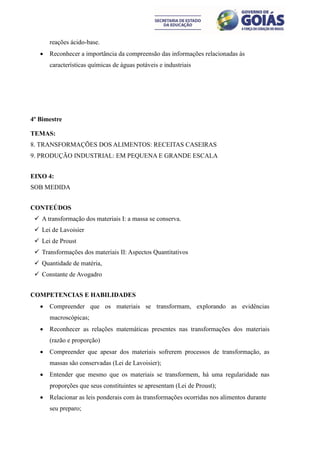 reações ácido-base.
      Reconhecer a importância da compreensão das informações relacionadas às
       características químicas de águas potáveis e industriais




4º Bimestre

TEMAS:
8. TRANSFORMAÇÕES DOS ALIMENTOS: RECEITAS CASEIRAS
9. PRODUÇÃO INDUSTRIAL: EM PEQUENA E GRANDE ESCALA


EIXO 4:
SOB MEDIDA


CONTEÚDOS
  A transformação dos materiais I: a massa se conserva.
  Lei de Lavoisier
  Lei de Proust
  Transformações dos materiais II: Aspectos Quantitativos
  Quantidade de matéria,
  Constante de Avogadro


COMPETENCIAS E HABILIDADES
      Compreender que os materiais se transformam, explorando as evidências
       macroscópicas;
      Reconhecer as relações matemáticas presentes nas transformações dos materiais
       (razão e proporção)
      Compreender que apesar dos materiais sofrerem processos de transformação, as
       massas são conservadas (Lei de Lavoisier);
      Entender que mesmo que os materiais se transformem, há uma regularidade nas
       proporções que seus constituintes se apresentam (Lei de Proust);
      Relacionar as leis ponderais com às transformações ocorridas nos alimentos durante
       seu preparo;
 