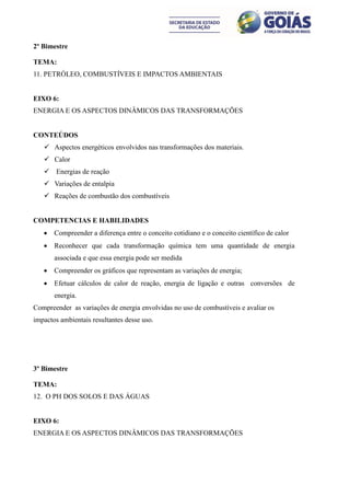 2º Bimestre

TEMA:
11. PETRÓLEO, COMBUSTÍVEIS E IMPACTOS AMBIENTAIS


EIXO 6:
ENERGIA E OS ASPECTOS DINÂMICOS DAS TRANSFORMAÇÕES


CONTEÚDOS
    Aspectos energéticos envolvidos nas transformações dos materiais.
    Calor
    Energias de reação
    Variações de entalpia
    Reações de combustão dos combustíveis


COMPETENCIAS E HABILIDADES
      Compreender a diferença entre o conceito cotidiano e o conceito científico de calor
      Reconhecer que cada transformação química tem uma quantidade de energia
       associada e que essa energia pode ser medida
      Compreender os gráficos que representam as variações de energia;
      Efetuar cálculos de calor de reação, energia de ligação e outras conversões de
       energia.
Compreender as variações de energia envolvidas no uso de combustíveis e avaliar os
impactos ambientais resultantes desse uso.




3º Bimestre

TEMA:
12. O PH DOS SOLOS E DAS ÁGUAS


EIXO 6:
ENERGIA E OS ASPECTOS DINÂMICOS DAS TRANSFORMAÇÕES
 