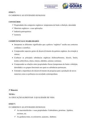 EIXO 7:
O CARBONO E AS ATIVIDADES HUMANAS


CONTEÚDOS
     Propriedades dos compostos orgânicos: temperatura de fusão e ebulição, densidade
     Materiais orgânicos e suas aplicações
     Indústria petroquímica
     Isomeria


COMPETENCIAS E HABILIDADES
    Interpretar os diferentes significados que a palavra “orgânico” recebe nos contextos
      cotidiano e científico;
    Compreender aspectos gerais do desenvolvimento da química orgânica: da extração à
      síntese;
    Conhecer as principais substâncias orgânicas (hidrocarbonetos, álcoois, fenóis,
      ácidos carboxílicos, éteres, ésteres, aldeídos, cetonas e aminas);
    Compreender as relações entre propriedades físicas (temperatura de fusão e ebulição,
      densidade) e os grupos funcionais aos quais as substâncias pertencem;
    Entender a importância do desenvolvimento de pesquisas para a produção de novos
      materiais como os polímeros na sociedade contemporânea.




3º Bimestre

TEMA:
16. EDUCAÇÃO ALIMENTAR E QUALIDADE DE VIDA


EIXO 7:
O CARBONO E AS ATIVIDADES HUMANAS
       As macromoléculas e suas propriedades: Carboidratos, proteínas , lipídeos,
          enzimas, etc.
       As gorduras trans, os colesteróis, açúcares, diabetes;
 