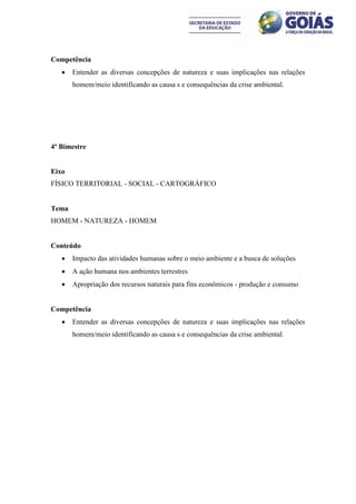 Competência
      Entender as diversas concepções de natureza e suas implicações nas relações
       homem/meio identificando as causa s e consequências da crise ambiental.




4º Bimestre


Eixo
FÍSICO TERRITORIAL - SOCIAL - CARTOGRÁFICO


Tema
HOMEM - NATUREZA - HOMEM


Conteúdo
      Impacto das atividades humanas sobre o meio ambiente e a busca de soluções
      A ação humana nos ambientes terrestres
      Apropriação dos recursos naturais para fins econômicos - produção e consumo


Competência
      Entender as diversas concepções de natureza e suas implicações nas relações
       homem/meio identificando as causa s e consequências da crise ambiental.
 