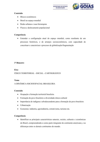 Conteúdo
      Blocos econômicos
      Brasil no espaço mundial
      Redes urbanas e suas hierarquias
      Fluxos e deslocamento populacional


Competência
      Entender a configuração atual do espaço mundial, como resultante de um
       processos históricos, e de arranjos socioeconômicos, com capacidade de
       conceituar e caracterizar o processo de globalização/fragmentação




3º Bimestre


Eixo
FÍSICO TERRITORIAL - SOCIAL - CARTOGRÁFICO


Tema
A DINÂMICA SOCIOESPACIAL BRASILEIRA


Conteúdo
      Ocupação e formação territorial brasileira
      Formação do povo brasileiro e diversidade étnico-cultural
      Importância do indígena e afrodescendente para a formação do povo brasileiro
      Urbanização
      Economia: indústria, agroindústria, extrativismo, turismo etc.


Competência
      Identificar as principais características naturais, sociais, culturais e econômicas
       do Brasil, compreendendo-o como parte integrante do continente americano, e as
       diferenças entre os demais continentes do mundo.
 