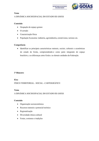 Tema
A DINÂMICA SOCIOESPACIAL DO ESTADO DE GOIÁS


Conteúdo
      Ocupação do espaço goiano
      O cerrado
      Caracterização física
      População Economia: indústria, agroindústria, extrativismo, turismo etc.


Competência
      Identificar as principais características naturais, sociais, culturais e econômicas
       do estado de Goiás, compreendendo-o como parte integrante do espaço
       brasileiro, e as diferenças entre Goiás e as demais unidades da Federação.




3º Bimestre


Eixo
FÍSICO TERRITORIAL - SOCIAL - CARTOGRÁFICO


Tema
A DINÂMICA SOCIOESPACIAL DO ESTADO DE GOIÁS


Conteúdo
      Organização socioeconômica
      Recursos naturais e potencial turístico
      Regionalização
      Diversidade étnico-cultural
      Festas, costumes e tradições
 