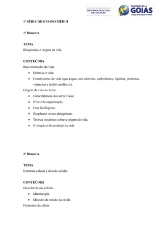 1ª SÉRIE DO ENSINO MÉDIO


1º Bimestre


TEMA
Bioquímica e origem da vida


CONTEÚDOS
Base molecular da vida
      Química e vida;
      Constituintes da vida água (água, sais minerais, carboidratos, lipídios, proteínas,
       vitaminas e ácidos nucléicos).
Origem da vida na Terra
      Características dos seres vivos;
      Níveis de organização;
      Eras Geológicas;
      Biogênese versus abiogênese;
      Teorias modernas sobre a origem da vida;
      Evolução e diversidade da vida.




2º Bimestre


TEMA
Estrutura celular e divisão celular


CONTEÚDOS
Descoberta das células
      Microscopia
      Métodos de estudo da célula
Fronteiras da célula
 