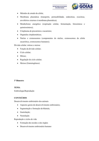    Métodos de estudo da célula;
      Membrana plasmática (transporte, permeabilidade, endocitose, exocitose,
       envoltórios externos à membrana plasmática);
      Metabolismo energético (respiração celular, fermentação, fotossíntese e
       quimiossíntese);
      Citoplasma de procariotos e eucariotos;
      Organelas citoplasmáticas;
      Núcleo e cromossomos (componentes do núcleo, cromossomos da célula
       eucariótica, cromossomos humanos).
Divisão celular: mitose e meiose
      Função da divisão celular;
      Ciclo celular;
      Mitose;
      Regulação do ciclo celular;
      Meiose (Gametogênese).




3º Bimestre


TEMA
Embriologia/Reprodução


CONTEÚDOS
Desenvolvimento embrionário dos animais
      Aspectos gerais do desenvolvimento embrionário;
      Segmentação e formação da blástula;
      Gastrulação;
      Neurulação.
Reprodução e ciclos de vida
      Formação dos tecidos e dos órgãos
      Desenvolvimento embrionário humano
 