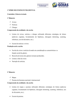 1ª SÉRIE DO ENSINO FUNDAMENTAL

Conteúdos: Gêneros textuais

1º Bimestre

    Avisos
    Notícias
    Charges
Compreensão da oralidade e da escrita

      Leitura de avisos, notícias e charges utilizando diferentes estratégias de leitura
       (palavras cognatas, levantamento de hipóteses, checagem skimming, scanning,
       inferência, uso do dicionário, etc.).

      Escuta de notícias e avisos.
Produção oral e escrita

      Escrita de avisos e notícias levando em consideração as características e a
       função social do gênero.
      Reescrita de textos dos gêneros textuais produzidos.
      Leitura e fala de avisos
      Narração de notícias.




2º Bimestre


    Mapas
    Poemas da literatura nacional e internacional
Compreensão da oralidade e da escrita

      Leitura de mapas e poemas utilizando diferentes estratégias de leitura (palavras
       cognatas, levantamento de hipóteses, checagem skimming, scanning, inferência, uso
       do dicionário, etc.).

      Escuta de poemas.
 