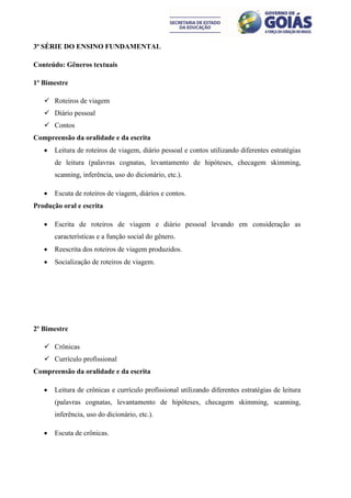 3ª SÉRIE DO ENSINO FUNDAMENTAL

Conteúdo: Gêneros textuais

1º Bimestre

    Roteiros de viagem
    Diário pessoal
    Contos
Compreensão da oralidade e da escrita
      Leitura de roteiros de viagem, diário pessoal e contos utilizando diferentes estratégias
       de leitura (palavras cognatas, levantamento de hipóteses, checagem skimming,
       scanning, inferência, uso do dicionário, etc.).

      Escuta de roteiros de viagem, diários e contos.
Produção oral e escrita

      Escrita de roteiros de viagem e diário pessoal levando em consideração as
       características e a função social do gênero.
      Reescrita dos roteiros de viagem produzidos.
      Socialização de roteiros de viagem.




2º Bimestre

    Crônicas
    Currículo profissional
Compreensão da oralidade e da escrita

      Leitura de crônicas e currículo profissional utilizando diferentes estratégias de leitura
       (palavras cognatas, levantamento de hipóteses, checagem skimming, scanning,
       inferência, uso do dicionário, etc.).

      Escuta de crônicas.
 