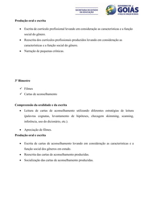 Produção oral e escrita

      Escrita de currículo profissional levando em consideração as características e a função
       social do gênero.
      Reescrita dos currículos profissionais produzidos levando em consideração as
       características e a função social do gênero.
      Narração de pequenas crônicas.




3º Bimestre

    Filmes
    Cartas de aconselhamento


Compreensão da oralidade e da escrita
      Leitura de cartas de aconselhamento utilizando diferentes estratégias de leitura
       (palavras cognatas, levantamento de hipóteses, checagem skimming, scanning,
       inferência, uso do dicionário, etc.).

      Apreciação de filmes.
Produção oral e escrita

      Escrita de cartas de aconselhamento levando em consideração as características e a
       função social dos gêneros em estudo.
      Reescrita das cartas de aconselhamento produzidas.
      Socialização das cartas de aconselhamento produzidas.
 