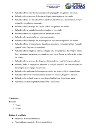    Reflexão sobre o valor dos recursos de estilo empregados nos gêneros em estudo.
      Reflexão sobre o processo de formação de palavras nos gêneros em estudo.
      Reflexão sobre o uso de substantivos, adjetivos, advérbios etc. em diferentes posições
       e situações nos gêneros em estudo.
      Reflexão sobre o emprego das flexões verbais nos gêneros em estudo.
      Reflexão sobre a variação linguística nos gêneros em estudo.
      Reflexão sobre o uso da pontuação nos gêneros em estudo.
      Reflexão sobre a ortografia nos gêneros em estudo.
      Reflexão sobre o emprego dos acentos gráficos e da crase nos gêneros em estudo.
      Reflexão sobre o princípio básico da crônica: registrar o circunstancial (um “narrador
       repórter” narra flagrantes do cotidiano).
      Reflexão sobre a função da crônica: deflagrar uma profunda visão das relações entre o
       fato e as pessoas, as pessoas e o mundo em que vivem; buscar a essência dos seres e
       das coisas.
      Reflexão sobre o emprego dos discursos direto, indireto e indireto livre nas crônicas.
      Reflexão sobre o emprego de adjetivos e locuções adjetivas na caracterização das
       personagens e dos espaços nas crônicas.
      Reflexão sobre as figuras de linguagem presentes nos textos poéticos e nas crônicas.
      Reflexão sobre o trovadorismo em suas dimensões histórica, linguística e social.
      Reflexão sobre o classicismo em suas dimensões histórica, linguística e social.
      Reescritas das crônicas produzidas (coletiva e individual)




2º Bimestre
Gêneros
     Teatro
     Relato


Prática de oralidade
      Encenação de textos dramáticos.
      Apreciação de encenações de textos dramáticos.
 