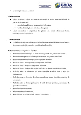     Apresentação e escuta de relatos.


Prática de leitura
       Leitura de teatro e relato, utilizando as estratégias de leitura como mecanismos de
        interpretação dos textos:
            formulação de hipóteses (antecipação e inferência);
            verificação de hipóteses (seleção e checagem).
       Leitura associativa e comparativa dos gêneros em estudo, observando forma,
        conteúdo, estilo e função social.


Prática de escrita
       Produção de textos dramáticos e de relatos, observando os elementos constitutivos dos
        gêneros em estudo (forma, estilo, conteúdo e função social).


Prática de análise da língua e da literatura
       Reflexão sobre a estruturação de frase, oração e período nos gêneros em estudo.
       Reflexão sobre o processo de formação de palavras nos gêneros em estudo.
       Reflexão sobre a variação linguística nos gêneros em estudo.
        Reflexão sobre o uso da pontuação nos gêneros em estudo.
        Reflexão sobre a ortografia nos gêneros em estudo.
        Reflexão sobre o emprego dos acentos gráficos e da crase nos gêneros em estudo.
       Reflexão sobre os elementos do texto dramático (cenário, fala e ação dos
        personagens).
       Reflexão sobre os elementos do relato (narração de fatos e descrição minuciosa de
        ambientes).
       Reflexão sobre as formas particulares do oral, do falar cotidiano, das marcas da
        goianidade nos relatos.
       Reflexão sobre o humanismo.
       Reflexão sobre o quinhentismo.
       Reescritas dos textos produzidos (coletiva e individual).
 