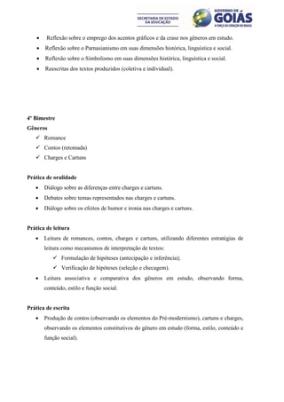     Reflexão sobre o emprego dos acentos gráficos e da crase nos gêneros em estudo.
       Reflexão sobre o Parnasianismo em suas dimensões histórica, linguística e social.
       Reflexão sobre o Simbolismo em suas dimensões histórica, linguística e social.
       Reescritas dos textos produzidos (coletiva e individual).




4º Bimestre
Gêneros
    Romance
    Contos (retomada)
    Charges e Cartuns


Prática de oralidade
       Diálogo sobre as diferenças entre charges e cartuns.
       Debates sobre temas representados nas charges e cartuns.
       Diálogo sobre os efeitos de humor e ironia nas charges e cartuns.


Prática de leitura
       Leitura de romances, contos, charges e cartuns, utilizando diferentes estratégias de
        leitura como mecanismos de interpretação de textos:
            Formulação de hipóteses (antecipação e inferência);
            Verificação de hipóteses (seleção e checagem).
       Leitura associativa e comparativa dos gêneros em estudo, observando forma,
        conteúdo, estilo e função social.


Prática de escrita
       Produção de contos (observando os elementos do Pré-modernismo), cartuns e charges,
        observando os elementos constitutivos do gênero em estudo (forma, estilo, conteúdo e
        função social).
 