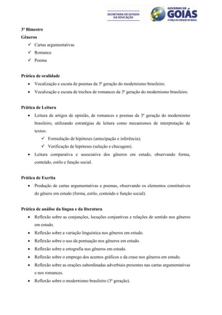 3º Bimestre
Gêneros
    Cartas argumentativas
    Romance
    Poema


Prática de oralidade
      Vocalização e escuta de poemas da 3ª geração do modernismo brasileiro.
      Vocalização e escuta de trechos de romances da 3ª geração do modernismo brasileiro.


Prática de Leitura
      Leitura de artigos de opinião, de romances e poemas da 3ª geração do modernismo
       brasileiro, utilizando estratégias de leitura como mecanismos de interpretação de
       textos:
           Formulação de hipóteses (antecipação e inferência);
           Verificação de hipóteses (seleção e checagem).
      Leitura comparativa e associativa dos gêneros em estudo, observando forma,
       conteúdo, estilo e função social.


Prática de Escrita
      Produção de cartas argumentativas e poemas, observando os elementos constitutivos
       do gênero em estudo (forma, estilo, conteúdo e função social).


Prática de análise da língua e da literatura
      Reflexão sobre as conjunções, locuções conjuntivas e relações de sentido nos gêneros
       em estudo.
      Reflexão sobre a variação linguística nos gêneros em estudo.
      Reflexão sobre o uso da pontuação nos gêneros em estudo.
      Reflexão sobre a ortografia nos gêneros em estudo.
      Reflexão sobre o emprego dos acentos gráficos e da crase nos gêneros em estudo.
      Reflexão sobre as orações subordinadas adverbiais presentes nas cartas argumentativas
       e nos romances.
      Reflexão sobre o modernismo brasileiro (3ª geração).
 