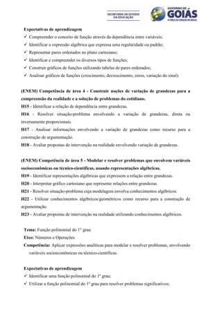Expectativas de aprendizagem
  Compreender o conceito de função através da dependência entre variáveis;
  Identificar a expressão algébrica que expressa uma regularidade ou padrão;
  Representar pares ordenados no plano cartesiano;
  Identificar e compreender os diversos tipos de funções;
  Construir gráficos de funções utilizando tabelas de pares ordenados;
  Analisar gráficos de funções (crescimento, decrescimento, zeros, variação do sinal).


(ENEM) Competência de área 4 - Construir noções de variação de grandezas para a
compreensão da realidade e a solução de problemas do cotidiano.
H15 - Identificar a relação de dependência entre grandezas.
H16 - Resolver situação-problema envolvendo a variação de grandezas, direta ou
inversamente proporcionais.
H17 - Analisar informações envolvendo a variação de grandezas como recurso para a
construção de argumentação.
H18 - Avaliar propostas de intervenção na realidade envolvendo variação de grandezas.


(ENEM) Competência de área 5 - Modelar e resolver problemas que envolvem variáveis
socioeconômicas ou técnico-científicas, usando representações algébricas.
H19 - Identificar representações algébricas que expressem a relação entre grandezas.
H20 - Interpretar gráfico cartesiano que represente relações entre grandezas.
H21 - Resolver situação-problema cuja modelagem envolva conhecimentos algébricos.
H22 - Utilizar conhecimentos algébricos/geométricos como recurso para a construção de
argumentação.
H23 - Avaliar propostas de intervenção na realidade utilizando conhecimentos algébricos.


 Tema: Função polinomial do 1° grau
 Eixo: Números e Operações
 Competência: Aplicar expressões analíticas para modelar e resolver problemas, envolvendo
    variáveis socioeconômicas ou técnico-científicas.


 Expectativas de aprendizagem
  Identificar uma função polinomial do 1º grau;
  Utilizar a função polinomial do 1º grau para resolver problemas significativos;
 