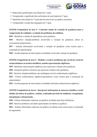  Representar graficamente uma função do 1º grau;
  Compreender o significado dos coeficientes de uma função do 1º grau;
  Identificar uma função do 1º grau descrita através do seu gráfico cartesiano;
  Compreender o estudo das inequações do 1º grau.


(ENEM) Competência de área 4 - Construir noções de variação de grandezas para a
compreensão da realidade e a solução de problemas do cotidiano.
H15 - Identificar a relação de dependência entre grandezas.
H16 - Resolver situação-problema envolvendo a variação de grandezas, direta ou
inversamente proporcionais.
H17 - Analisar informações envolvendo a variação de grandezas como recurso para a
construção de argumentação.
H18 - Avaliar propostas de intervenção na realidade envolvendo variação de grandezas.


(ENEM) Competência de área 5 - Modelar e resolver problemas que envolvem variáveis
socioeconômicas ou técnico-científicas, usando representações algébricas.
H19 - Identificar representações algébricas que expressem a relação entre grandezas.
H20 - Interpretar gráfico cartesiano que represente relações entre grandezas.
H21 - Resolver situação-problema cuja modelagem envolva conhecimentos algébricos.
H22 - Utilizar conhecimentos algébricos/geométricos como recurso para a construção de
argumentação.
H23 - Avaliar propostas de intervenção na realidade utilizando conhecimentos algébricos.


(ENEM) Competência de área 6 - Interpretar informações de natureza científica e social
obtidas da leitura de gráficos e tabelas, realizando previsão de tendência, extrapolação,
interpolação e interpretação.
H24 - Utilizar informações expressas em gráficos ou tabelas para fazer inferências.
H25 - Resolver problema com dados apresentados em tabelas ou gráficos.
H26 - Analisar informações expressas em gráficos ou tabelas como recurso para a construção
de argumentos.
 