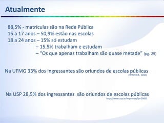Atualmente
88,5% - matrículas são na Rede Pública
15 a 17 anos – 50,9% estão nas escolas
18 a 24 anos – 15% só estudam
– 15,5% trabalham e estudam
– “Os que apenas trabalham são quase metade” (pg. 29)
(WINTHER, 2010)
Na USP 28,5% dos ingressantes são oriundos de escolas públicas
http://www.usp.br/imprensa/?p=29853
Na UFMG 33% dos ingressantes são oriundos de escolas públicas
 