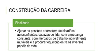 CONSTRUÇÃO DA CARREIRA
• Ajudar as pessoas a tornarem-se cidadãos
autoconfiantes, capazes de lidar com a mudança
constante, com mercados de trabalho incrivelmente
mutáveis e a procurar equilíbrio entre os diversos
papéis de vida.
Finalidade
 