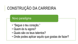CONSTRUÇÃO DA CARREIRA
• “Segue o teu coração.”
• Quem és tu agora?
• Quais são os teus talentos?
• Onde podes aplicar aquilo que gostas de fazer?
Novo paradigma
 
