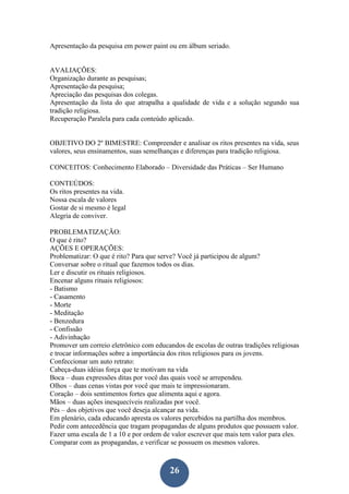 26
Apresentação da pesquisa em power paint ou em álbum seriado.
AVALIAÇÕES:
Organização durante as pesquisas;
Apresentação da pesquisa;
Apreciação das pesquisas dos colegas.
Apresentação da lista do que atrapalha a qualidade de vida e a solução segundo sua
tradição religiosa.
Recuperação Paralela para cada conteúdo aplicado.
OBJETIVO DO 2º BIMESTRE: Compreender e analisar os ritos presentes na vida, seus
valores, seus ensinamentos, suas semelhanças e diferenças para tradição religiosa.
CONCEITOS: Conhecimento Elaborado – Diversidade das Práticas – Ser Humano
CONTEÚDOS:
Os ritos presentes na vida.
Nossa escala de valores
Gostar de si mesmo é legal
Alegria de conviver.
PROBLEMATIZAÇÃO:
O que é rito?
AÇÕES E OPERAÇÕES:
Problematizar: O que é rito? Para que serve? Você já participou de algum?
Conversar sobre o ritual que fazemos todos os dias.
Ler e discutir os rituais religiosos.
Encenar alguns rituais religiosos:
- Batismo
- Casamento
- Morte
- Meditação
- Benzedura
- Confissão
- Adivinhação
Promover um correio eletrônico com educandos de escolas de outras tradições religiosas
e trocar informações sobre a importância dos ritos religiosos para os jovens.
Confeccionar um auto retrato:
Cabeça-duas idéias força que te motivam na vida
Boca – duas expressões ditas por você das quais você se arrependeu.
Olhos – duas cenas vistas por você que mais te impressionaram.
Coração – dois sentimentos fortes que alimenta aqui e agora.
Mãos – duas ações inesquecíveis realizadas por você.
Pés – dos objetivos que você deseja alcançar na vida.
Em plenário, cada educando apresta os valores percebidos na partilha dos membros.
Pedir com antecedência que tragam propagandas de alguns produtos que possuem valor.
Fazer uma escala de 1 a 10 e por ordem de valor escrever que mais tem valor para eles.
Comparar com as propagandas, e verificar se possuem os mesmos valores.
 