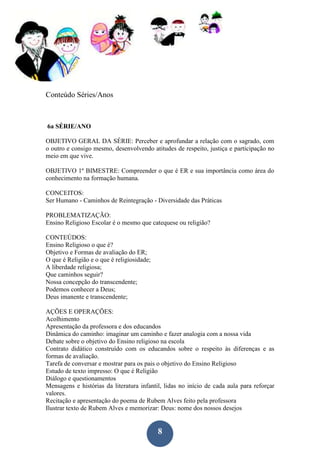 8
Conteúdo Séries/Anos
6a SÉRIE/ANO
OBJETIVO GERAL DA SÉRIE: Perceber e aprofundar a relação com o sagrado, com
o outro e consigo mesmo, desenvolvendo atitudes de respeito, justiça e participação no
meio em que vive.
OBJETIVO 1º BIMESTRE: Compreender o que é ER e sua importância como área do
conhecimento na formação humana.
CONCEITOS:
Ser Humano - Caminhos de Reintegração - Diversidade das Práticas
PROBLEMATIZAÇÃO:
Ensino Religioso Escolar é o mesmo que catequese ou religião?
CONTEÚDOS:
Ensino Religioso o que é?
Objetivo e Formas de avaliação do ER;
O que é Religião e o que é religiosidade;
A liberdade religiosa;
Que caminhos seguir?
Nossa concepção do transcendente;
Podemos conhecer a Deus;
Deus imanente e transcendente;
AÇÕES E OPERAÇÕES:
Acolhimento
Apresentação da professora e dos educandos
Dinâmica do caminho: imaginar um caminho e fazer analogia com a nossa vida
Debate sobre o objetivo do Ensino religioso na escola
Contrato didático construído com os educandos sobre o respeito às diferenças e as
formas de avaliação.
Tarefa de conversar e mostrar para os pais o objetivo do Ensino Religioso
Estudo de texto impresso: O que é Religião
Diálogo e questionamentos
Mensagens e histórias da literatura infantil, lidas no início de cada aula para reforçar
valores.
Recitação e apresentação do poema de Rubem Alves feito pela professora
Ilustrar texto de Rubem Alves e memorizar: Deus: nome dos nossos desejos
 