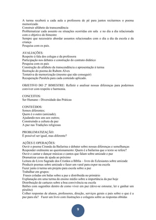 9
A turma receberá a cada aula a professora de pé para juntos recitarmos o poema
memorizado
Construir alfabeto da transcendência
Problematizar cada assunto ou situações ocorridas em sala e no dia a dia relacionada
com o objetivo do bimestre
Sempre que necessário abordar assuntos relacionados com o dia a dia da escola e da
criança
Pesquisa com os pais.
AVALIAÇÕES:
Respeito à fala dos colegas e da professora
Participação nos debates e construção do contrato didático
Pesquisa com os pais
Construção do alfabeto da transcendência e apresentação à turma
Ilustração do poema do Rubem Alves
Tentativa de memorização (mesmo que não conseguir)
Recuperação Paralela para cada conteúdo aplicado.
OBJETIVO DO 2º BIMESTRE: Refletir e analisar nossas diferenças para podermos
conviver com respeito e harmonia.
CONCEITOS:
Ser Humano - Diversidade das Práticas
CONTEÚDOS:
Somos diferentes;
Quem é o outro (amizade);
Ajudando-nos uns aos outros;
Construindo a cultura da paz
A paz nas Tradições religiosas
PROBLEMATIZAÇÃO:
È possível ser igual, mas diferente?
AÇÕES E OPERAÇÕES:
Ouvir o poema Ciranda da Bailarina e debater sobre nossas diferenças e semelhanças
Responder oralmente ao questionamento: Quem é a bailarina que o texto se refere?
Ouvir e cantar e dançar músicas e cantos que falam sobre amizade e paz
Dramatizar cenas de ajuda ao próximo
Leitura do Livro Sagrado dos Cristãos a Bíblia – livro do Eclesiastes sobre amizade
Produzir poemas sobre amizade e fazer um varal para expor na escola
Fazer junto à turma um projeto para escola sobre a paz
Trabalhar em grupos:
Frases coladas em balas sobre a paz e distribuída no primário
Explanação em uma turma do ensino médio sobre a importância da paz hoje
Distribuição de cartazes sobre a boa convivência na escola
Balões com sugestões dentro de como viver em paz (deve-se estourar, ler e ganhar um
pirulito)
Colher respostas de alunos, professores, direção, serviços gerais e pais sobre o que é a
paz para ela? Fazer um livro com ilustrações e colagens sobre as respostas obtidas
 