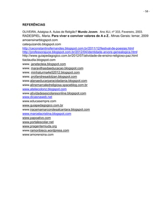 - 58 -
REFERÊNCIAS
OLIVEIRA, Adalgisa A. Aulas de Religião? Mundo Jovem. Ano XLI, nº 333, Fevereiro, 2003.
RADESPIEL. Maria. Para viver e conviver valores de A a Z.. Minas Gerais: Iemar, 2009
amoensinarblogspot.com
catequizando.blogspot.com
http://ceconstantinofernandes.blogspot.com.br/2011/12/festival-de-poesias.html
http://professorajuce.blogspot.com.br/2012/04/identidade-arvore-genealogica.html
http://www.guiapedagogico.com.br/2012/07/atividade-de-ensino-religioso-paz.html
tiaclaudia.blogspot.com
www. janetecleia.blogspot.com
www. maravilhasdaeducacao.blogspot.com
www. minhaturma4e52012.blogspot.com
www. profandresadolzan.blogspot.com
www.alanaeducarparacidadania.blogspot.com
www.alinemarcaledreligiosa.spaceblog.com.br
www.ateliecoloriz.blogspot.com
www.atividadesescolaresonline.blogspot.com
www.dicasnaweb.net
www.educasempre.com
www.guiapedagogico.com.br
www.iracemamarcondesalcantara.blogspot.com
www.marcelacristina.blogspot.com
www.papoativo.com
www.portalescolar.net
www.pragentemiuda.org
www.ramonbieco.wordpress.com
www:amorensina.com
 