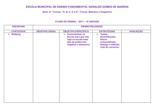 ESCOLA MUNICIPAL DE ENSINO FUNDAMENTAL GERALDO GOMES DE BARROS
                           Série: 4ª Turmas: “A, B, C, D e E”. Turnos: Matutino e Vespertino



                                       PLANO DE ENSINO – 2011 - IV UNIDADE

    DISCIPLINA                                                 ENSINO RELIGIOSO

    CONTEÚDOS          OBJETIVO GERAL         OBJETIVO ESPECÍFICO                ESTRATÉGIAS            AVALIAÇÃO
•   Bullying                                  • Conscientizar os             •    Textos
                                                alunos para que não               diversificados;
                                                haja na escola esse               leitura
                                                tipo de prática tão               compartilhada;
                                                negativa e destrutiva.            dialogo e reflexão;
                                                                                  roda de conversa.
 