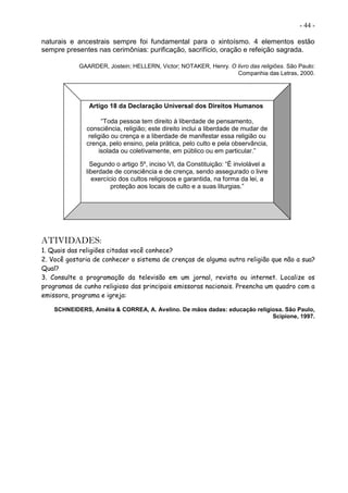 - 44 -
naturais e ancestrais sempre foi fundamental para o xintoísmo. 4 elementos estão
sempre presentes nas cerimônias: purificação, sacrifício, oração e refeição sagrada.
GAARDER, Jostein; HELLERN, Victor; NOTAKER, Henry. O livro das religiões. São Paulo:
Companhia das Letras, 2000.
ATIVIDADES:
1. Quais das religiões citadas você conhece?
2. Você gostaria de conhecer o sistema de crenças de alguma outra religião que não a sua?
Qual?
3. Consulte a programação da televisão em um jornal, revista ou internet. Localize os
programas de cunho religioso das principais emissoras nacionais. Preencha um quadro com a
emissora, programa e igreja:
SCHNEIDERS, Amélia & CORREA, A. Avelino. De mãos dadas: educação religiosa. São Paulo,
Scipione, 1997.
Artigo 18 da Declaração Universal dos Direitos Humanos
“Toda pessoa tem direito à liberdade de pensamento,
consciência, religião; este direito inclui a liberdade de mudar de
religião ou crença e a liberdade de manifestar essa religião ou
crença, pelo ensino, pela prática, pelo culto e pela observância,
isolada ou coletivamente, em público ou em particular.”
Segundo o artigo 5º, inciso VI, da Constituição: “É inviolável a
liberdade de consciência e de crença, sendo assegurado o livre
exercício dos cultos religiosos e garantida, na forma da lei, a
proteção aos locais de culto e a suas liturgias.”
 
