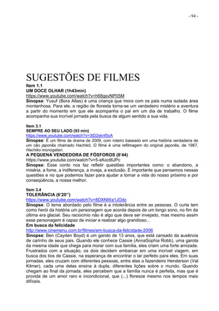 - 94 -
SUGESTÕES DE FILMES
Item 1.1
UM DOCE OLHAR (1h43min)
https://www.youtube.com/watch?v=h68gsvNP05M
Sinopse: Yusuf (Bora Altas) é uma criança que mora com os pais numa isolada área
montanhosa. Para ele, a região de floresta torna-se um verdadeiro mistério e aventura
a partir do momento em que ele acompanha o pai em um dia de trabalho. O filme
acompanha sua incrível jornada pela busca de algum sentido a sua vida.
Item 3.1
SEMPRE AO SEU LADO (93 min)
https://www.youtube.com/watch?v=3tD2sknf5oA
Sinopse: É um filme de drama de 2009, com roteiro baseado em uma história verdadeira de
um cão japonês chamado Hachikō. O filme é uma refilmagem do original japonês, de 1987,
Hachiko monogatari.
A PEQUENA VENDEDORA DE FÓSFOROS (6’44)
https://www.youtube.com/watch?v=5-sKoct6JPc
Sinopse: Esse conto nos faz refletir questões importantes como: o abandono, a
miséria, a fome, a indiferença, a inveja, a exclusão. É importante que pensemos nessas
questões e no que podemos fazer para ajudar a tornar a vida do nosso próximo e por
conseqüência, a nossa melhor.
Item 3.4
TOLERÂNCIA (6’20’’)
https://www.youtube.com/watch?v=8DXNWa1JOdc
Sinopse: O tema abordado pelo filme é a intolerância entre as pessoas. O curta tem
como herói da história um personagem que acorda depois de um longo sono, no fim da
última era glacial. Seu raciocínio não é algo que deva ser invejado, mas mesmo assim
esse personagem é capaz de iniciar e realizar algo grandioso...
Em busca da felicidade
http://www.cinemenu.com.br/filmes/em-busca-da-felicidade-2006
Sinopse: Ben (Cayden Boyd) é um garoto de 13 anos, que está cansado da ausência
de carinho de seus pais. Quando ele conhece Cassie (AnnaSophia Robb), uma garota
da mesma idade que chega para morar com sua família, eles criam uma forte amizade.
Frustrados com a situação, os dois decidem embarcar em uma incrível viagem, em
busca dos tios de Cassie, na esperança de encontrar o lar perfeito para eles. Em suas
jornadas, eles cruzam com diferentes pessoas, entre elas o fazendeiro Henderson (Val
Kilmer), cada uma delas ensina à dupla, diferentes lições sobre o mundo. Quando
chegam ao final da jornada, eles percebem que a família nunca é perfeita, mas que é
provida de um amor raro e incondicional, que (...) floresce mesmo nos tempos mais
difíceis.
 