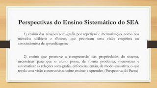 Perspectivas do Ensino Sistemático do SEA
1) ensino das relações som-grafia por repetição e memorização, como nos
métodos silábicos e fônicos, que priorizam uma visão empirista ou
associacionista de aprendizagem;
2) ensino que promove a compreensão das propriedades do sistema,
necessárias para que o aluno possa, de forma produtiva, memorizar e
automatizar as relações som-grafia, enfocadas, então, de modo exaustivo, o que
revela uma visão construtivista sobre ensinar e aprender. (Perspectiva do Pacto)
 