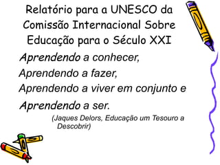 Relatório para a UNESCO da Comissão Internacional Sobre Educação para o Século XXI Aprendendo  a conhecer,  Aprendendo a fazer,  Aprendendo a viver em conjunto e Aprendendo  a ser. (Jaques Delors, Educação um Tesouro a Descobrir)‏ 