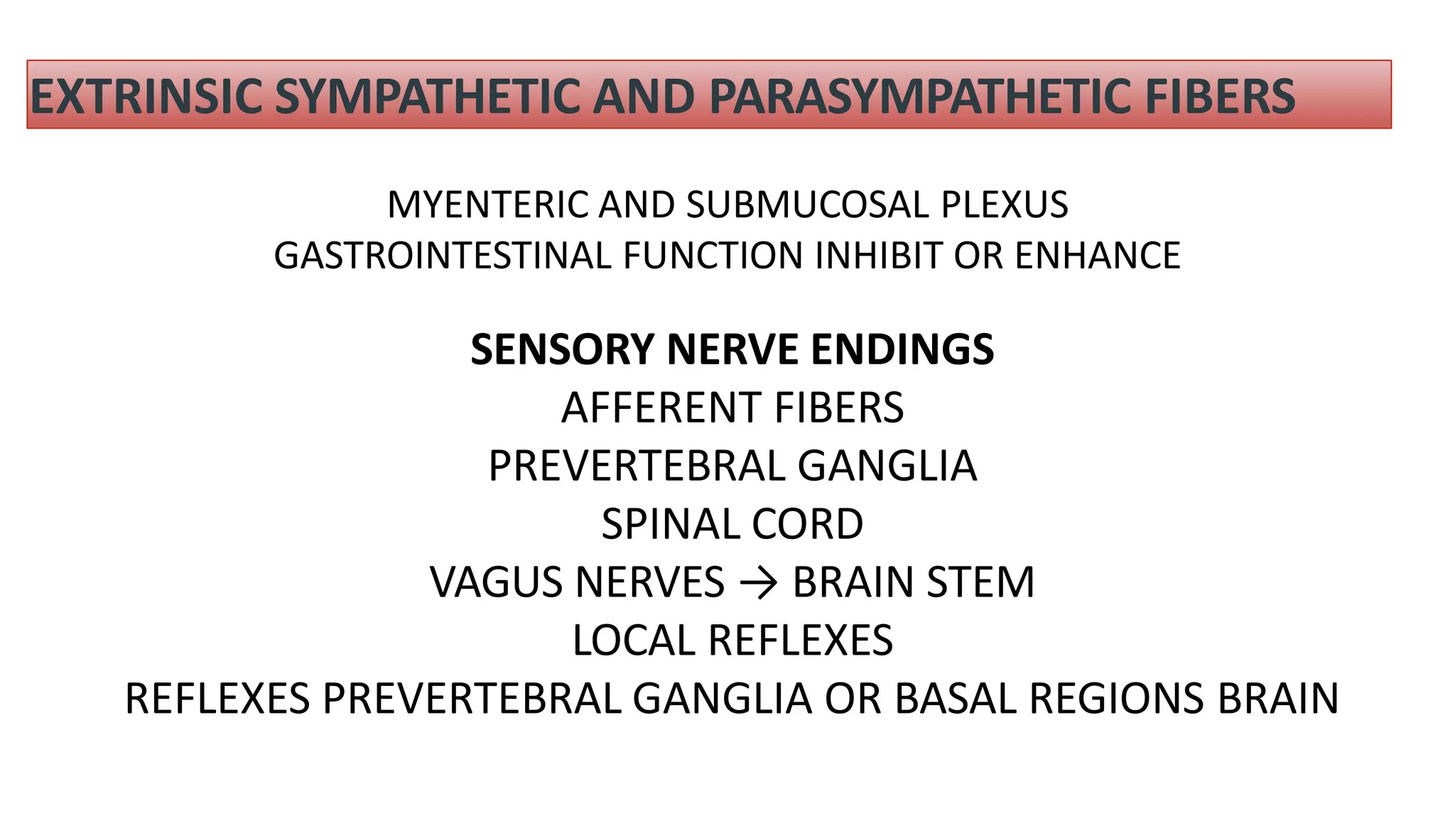 EXTRINSIC SYMPATHETIC AND PARASYMPATHETIC FIBERS
MYENTERIC AND SUBMUCOSAL PLEXUS
GASTROINTESTINAL FUNCTION INHIBIT OR ENHANCE
SENSORY NERVE ENDINGS
AFFERENT FIBERS
PREVERTEBRAL GANGLIA
SPINAL CORD
VAGUS NERVES → BRAIN STEM
LOCAL REFLEXES
REFLEXES PREVERTEBRAL GANGLIA OR BASAL REGIONS BRAIN
 
