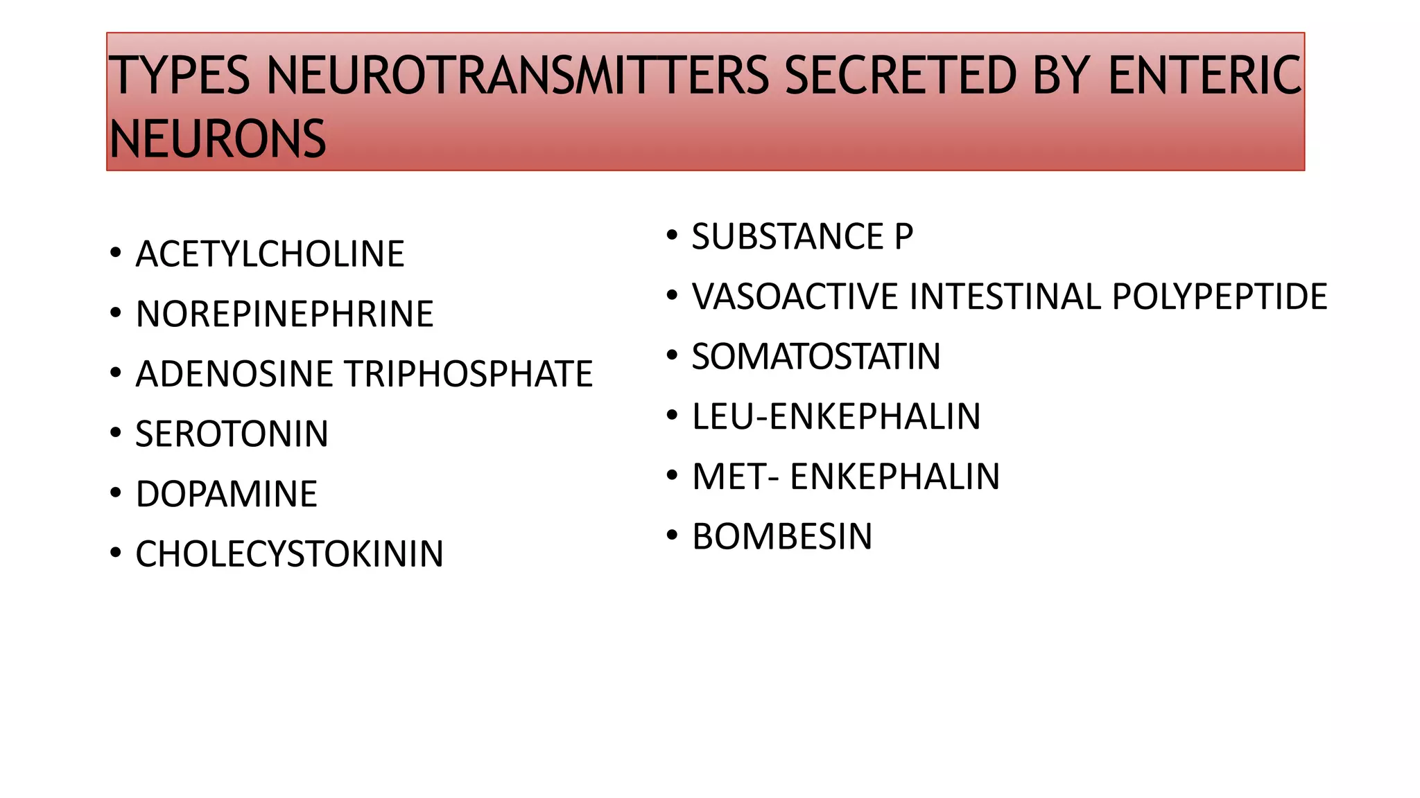 TYPES NEUROTRANSMITTERS SECRETED BY ENTERIC
NEURONS
• ACETYLCHOLINE
• NOREPINEPHRINE
• ADENOSINE TRIPHOSPHATE
• SEROTONIN
• DOPAMINE
• CHOLECYSTOKININ
• SUBSTANCE P
• VASOACTIVE INTESTINAL POLYPEPTIDE
• SOMATOSTATIN
• LEU-ENKEPHALIN
• MET- ENKEPHALIN
• BOMBESIN
 