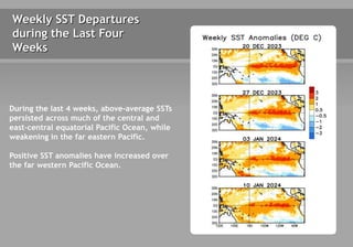 Weekly SST Departures
during the Last Four
Weeks
During the last 4 weeks, above-average SSTs
persisted across much of the central and
east-central equatorial Pacific Ocean, while
weakening in the far eastern Pacific.
Positive SST anomalies have increased over
the far western Pacific Ocean.
 
