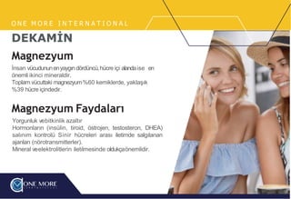 O N E M O R E I N T E R N A T I O N A L
DEKAMİN
Magnezyum
İnsan vücudununenyaygındördüncü,hücre içi alandaise en
önemli ikinci mineraldir.
Toplam vücuttaki magnezyum%60 kemiklerde, yaklaşık
%39 hücre içindedir.
Magnezyum Faydaları
Yorgunluk vebitkinlik azaltır
Hormonların (insülin, tiroid, östrojen, testosteron, DHEA)
salınım kontrolü Sinir hücreleri arası iletimde salgılanan
ajanları (nörotransmitterler).
Mineral veelektrolitlerin iletilmesinde oldukçaönemlidir.
 