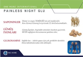 SAPONINLER
GÜMÜŞ
İYONLARI
GLUKOSAMINE
Damar ve organ TEMİZLİĞİ nin asli maddesidir.
Kore Kırmızı Ginseng’in içerisinde 32 türü bulunmaktadır.
Gümüş İyonları, beyindeki nöronları harekete geçirerek,
BEYİN sağlığının korunmasına yardımcı olur.
Sağlıklı kas - iskelet yapısı için çok gereklibir destektir.
Deniz kabuklularından elde edilmiştir.
O N E M O R E I N T E R N A T I O N A L
P A I N L E S S N I G H T G L U
 