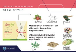 YAĞIN ENERJİYE DÖNÜŞMESİNİ
KALORİ YAKIMINI HIZLANDIRIR.
ENERJİ VERİR.
O N E M O R E I N T E R N A T I O N A L
S L I M S T Y L E
Formda kalarak
yaşamaya
hazır mısınız?
%100 doğal bitkiler içerir
Transdermal dalgateknolojisi
Klinik olarak testedilmiştir
1 aylık kullanımiçindir
www.onemoreinternational.com
GARCINIA
CAMBOGIA
SPIRULIN
A
YEŞİL
ÇAY
ZENCEFİ
L
PALMITOYL
TREPEPTI
DE
GUARANA L-CARNITINE
Metabolizmayı Hızlandırır, Selülit
gidermede, Hazımsızlığa
karşı etkilidirler…
 